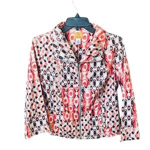 Ruby Rd. women’s full zip geometric print cotton jacket 10 coral white beige